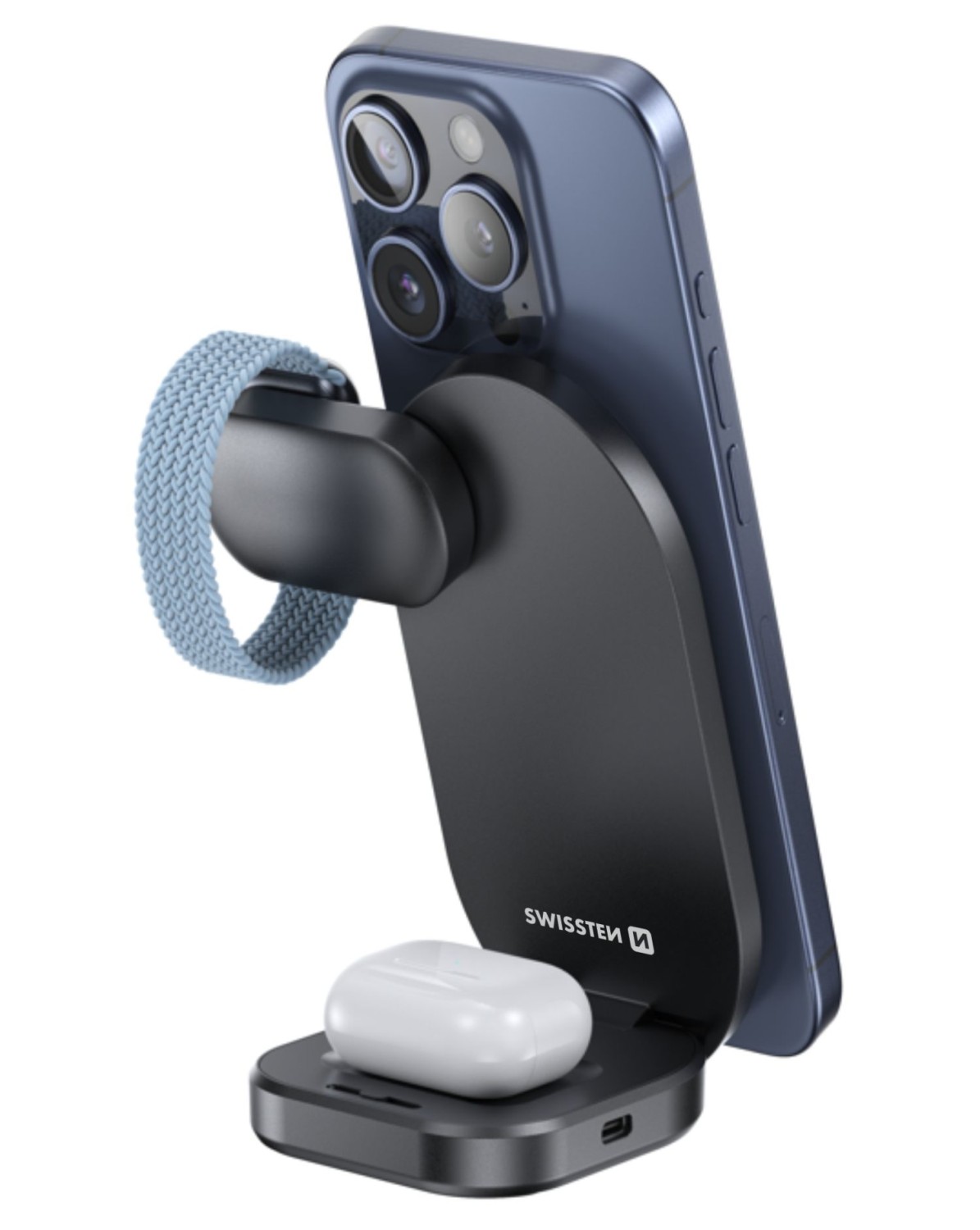 Skládací bezdrátová Qi2 nabíječka Swissten MagBase 3v1 (kompatibilní s MagSafe) černá