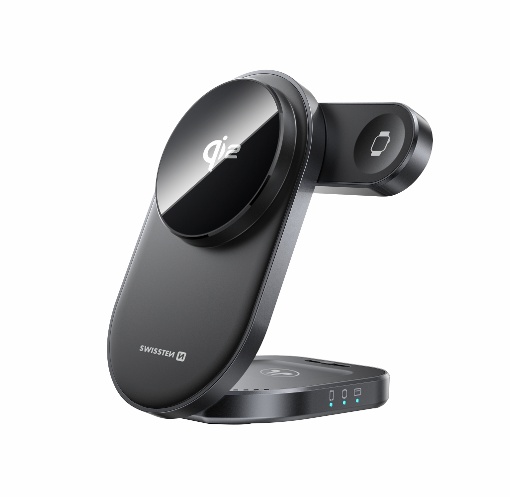Skládací bezdrátová Qi2 nabíječka Swissten MagBase 3v1 (kompatibilní s MagSafe) černá