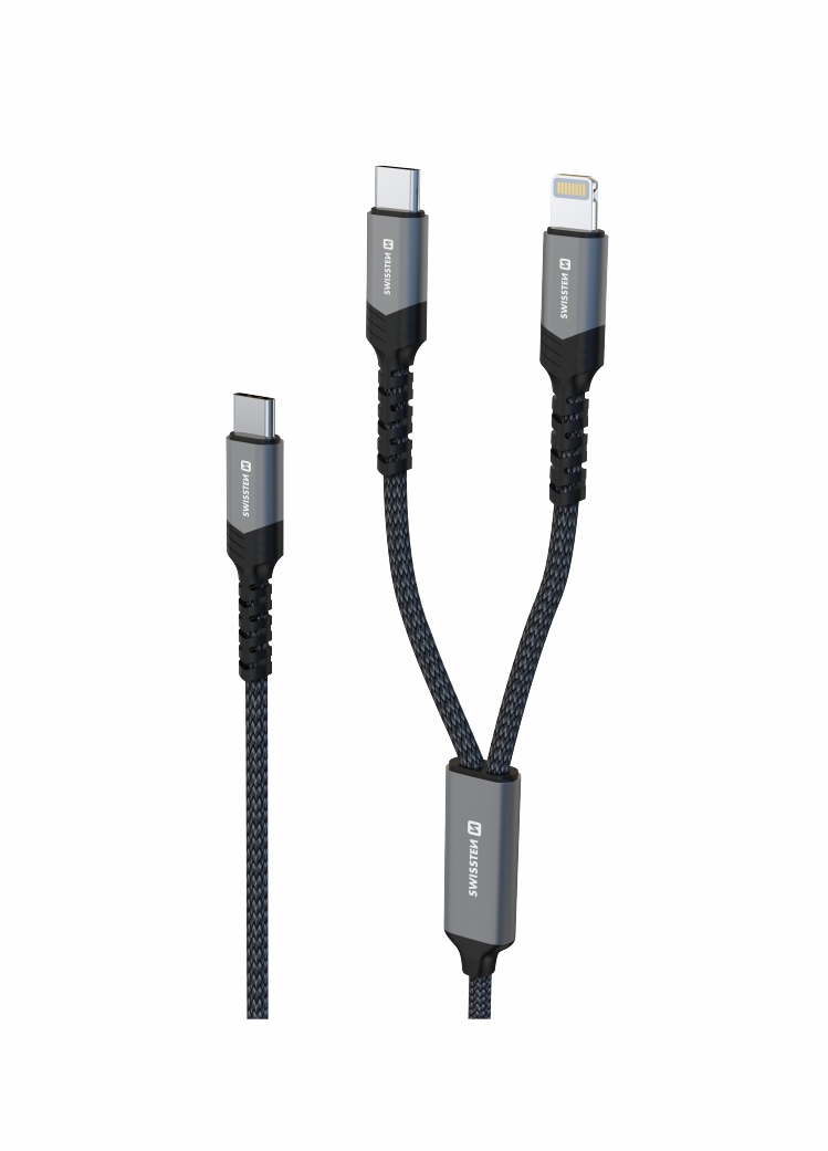Nabíjecí kabel 2v1 Swissten 2v1 100W USB-C / USB-C + lightning 1,5m černá