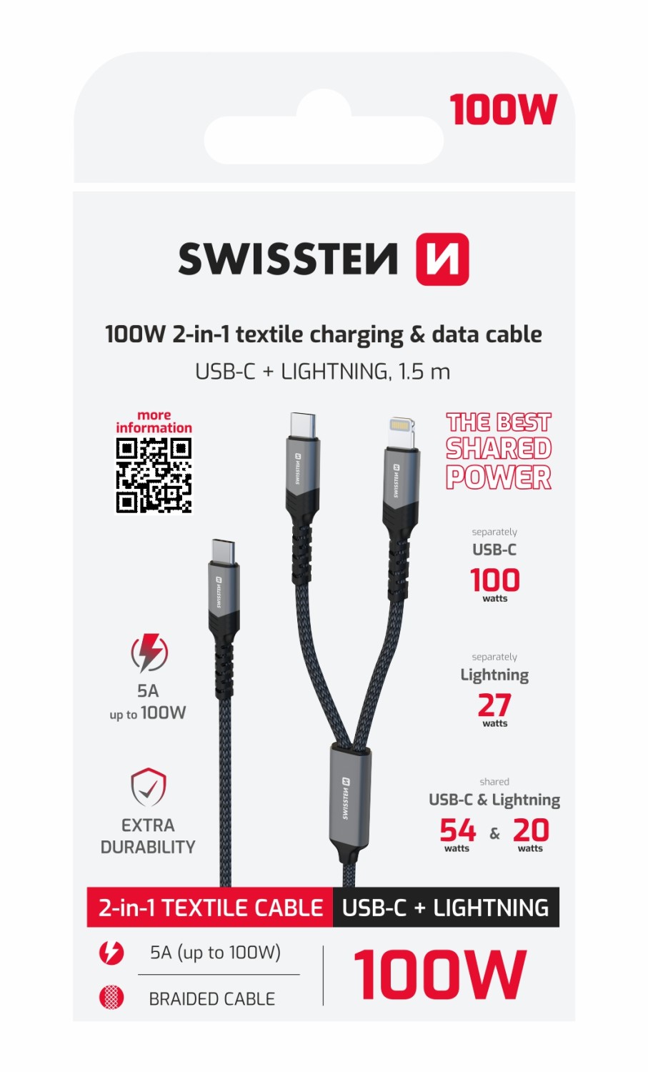 Nabíjecí kabel 2v1 Swissten 2v1 100W USB-C / USB-C + lightning 1,5m černá