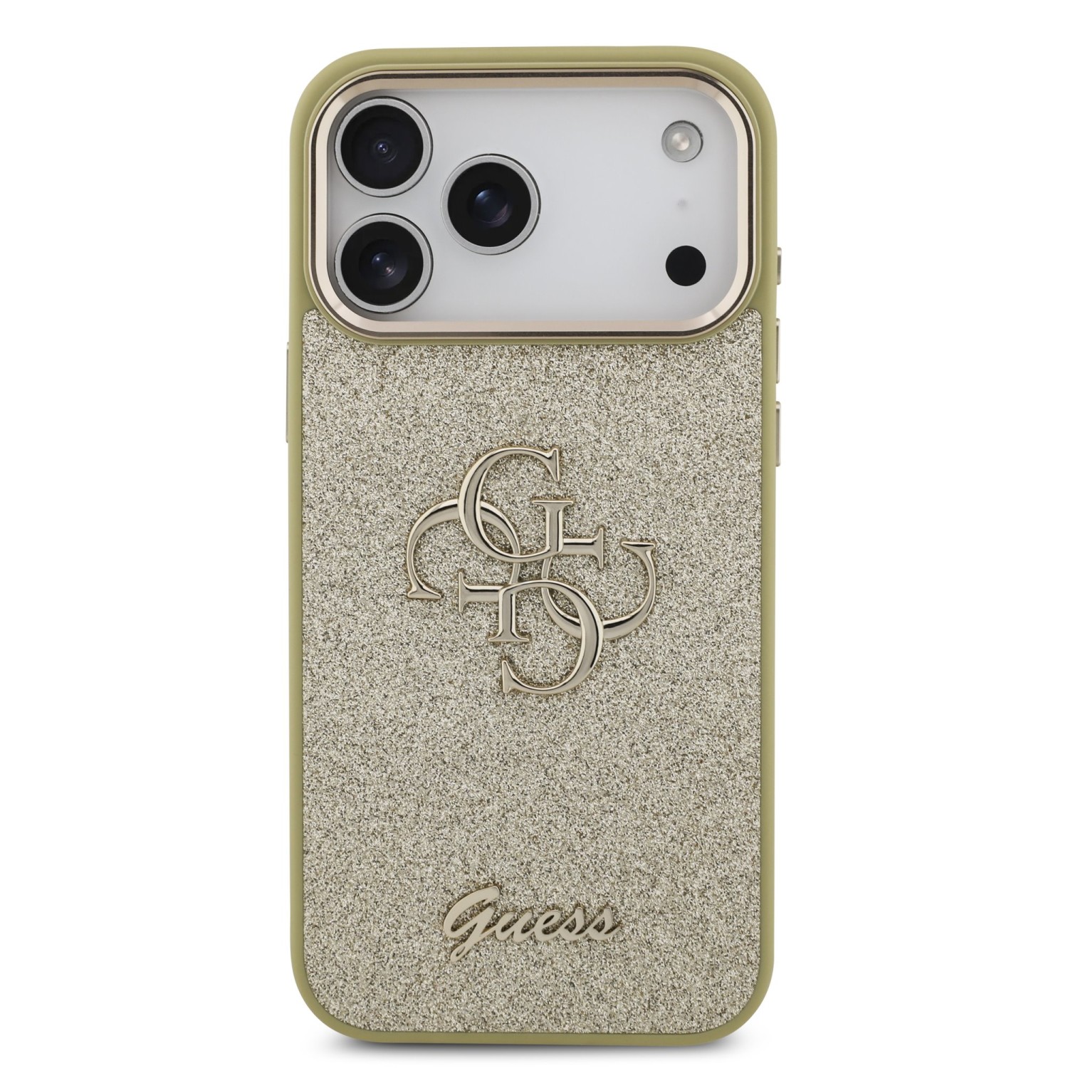 Guess PU Fixed Glitter 4G Metal Frame Zadní Kryt pro iPhone 17 Pro Max Gold