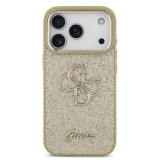 Guess PU Fixed Glitter 4G Metal Frame Zadní Kryt pro iPhone 17 Pro Gold