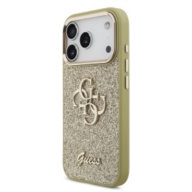 Zadní kryt Guess PU Fixed Glitter 4G Metal Frame pro Apple iPhone 17 Pro, zlatá