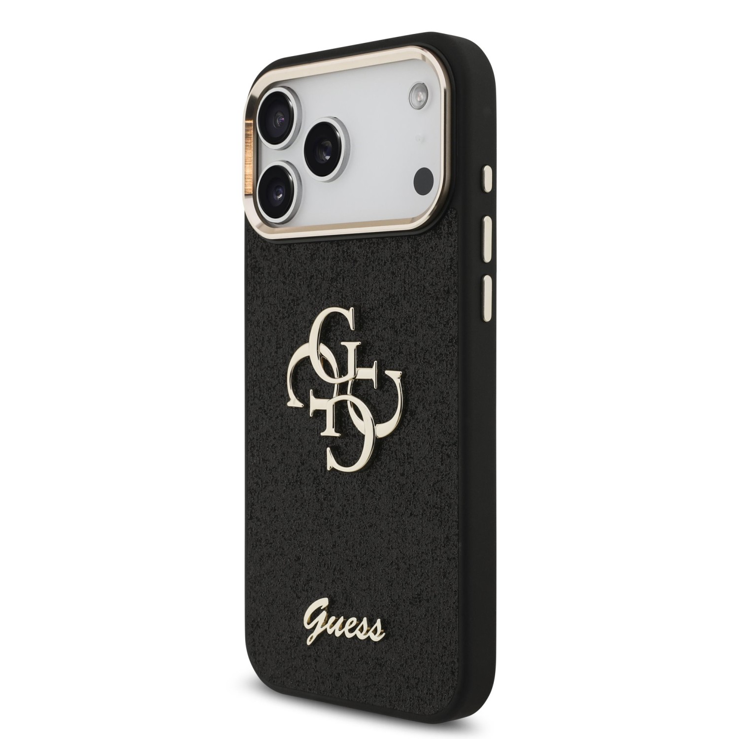 Guess PU Fixed Glitter 4G Metal Frame Zadní Kryt pro iPhone 17 Pro Max Black