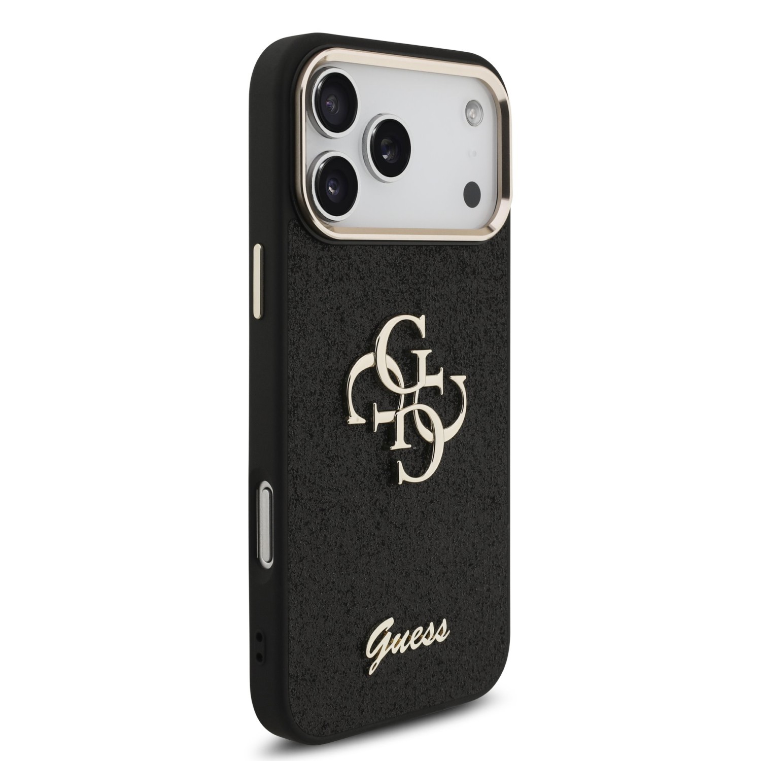Guess PU Fixed Glitter 4G Metal Frame Zadní Kryt pro iPhone 17 Pro Max Black