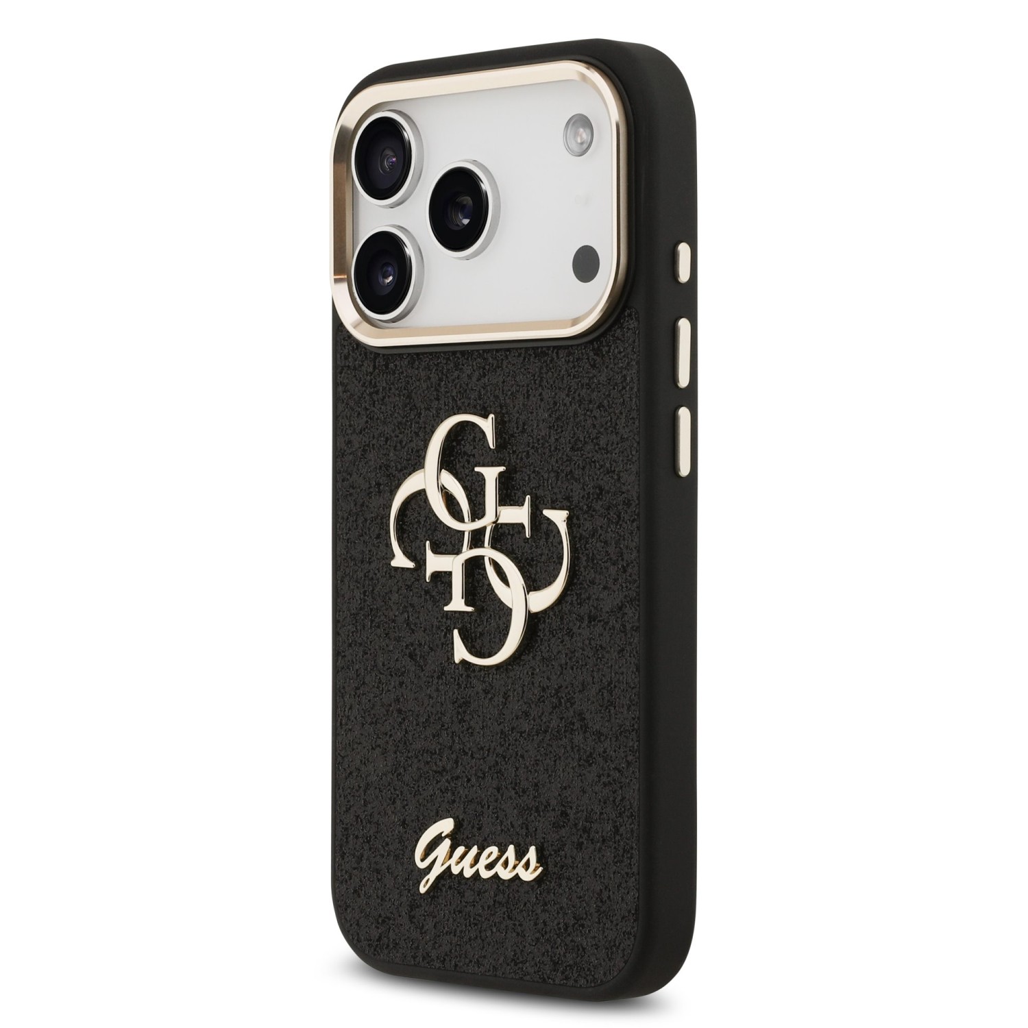 Guess PU Fixed Glitter 4G Metal Frame Zadní Kryt pro iPhone 17 Pro Black