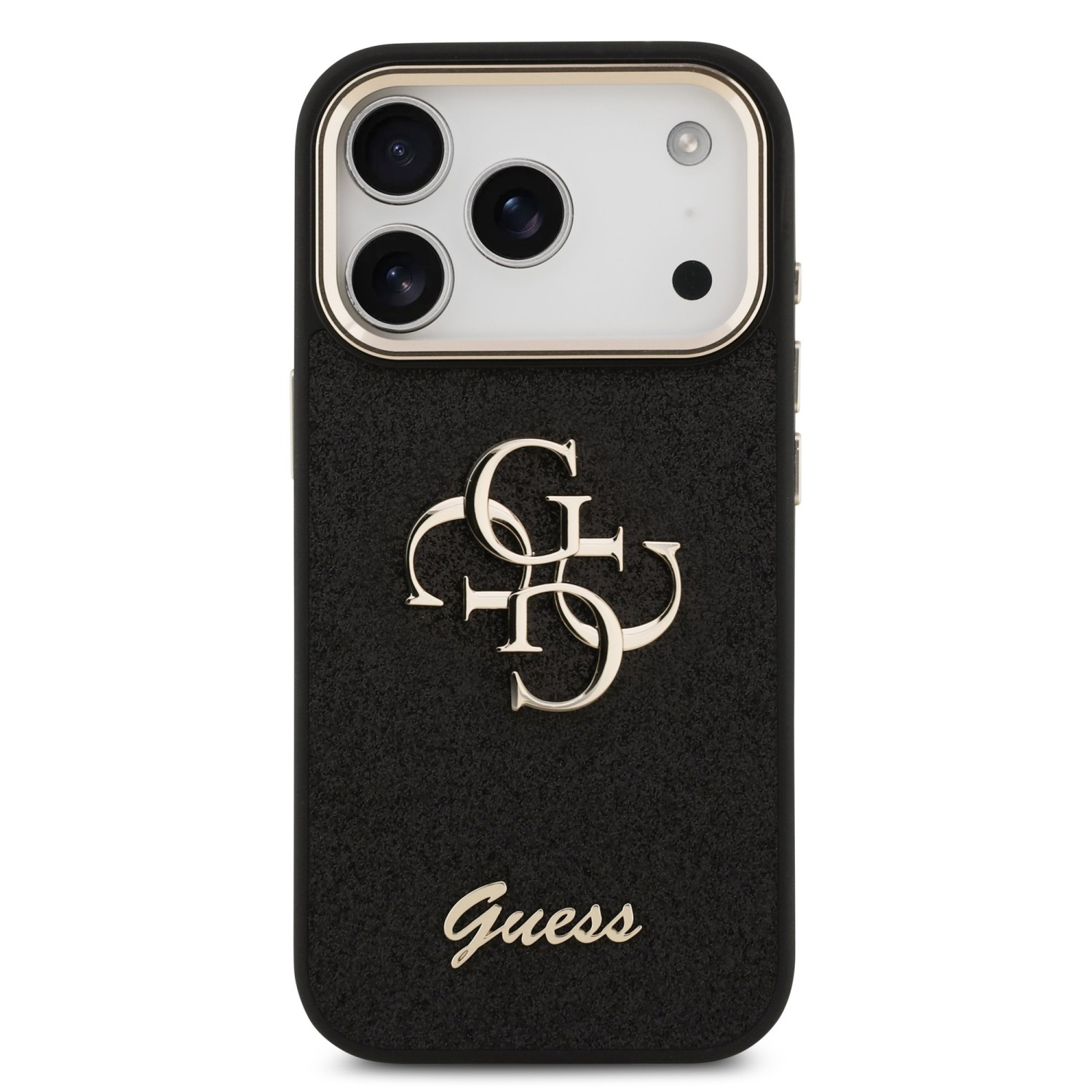 Guess PU Fixed Glitter 4G Metal Frame Zadní Kryt pro iPhone 17 Pro Black