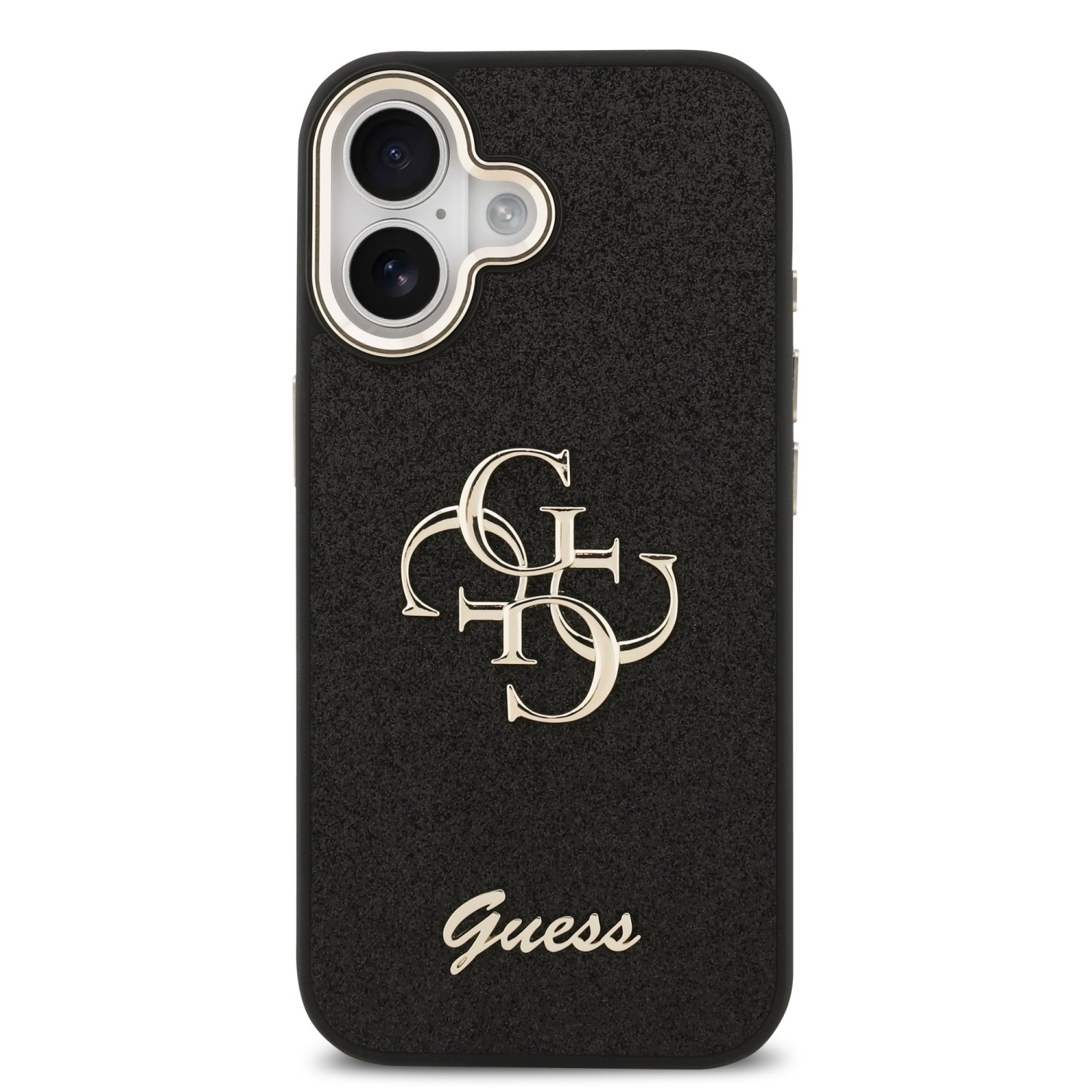 Guess PU Fixed Glitter 4G Metal Frame Zadní Kryt pro iPhone 17 Black