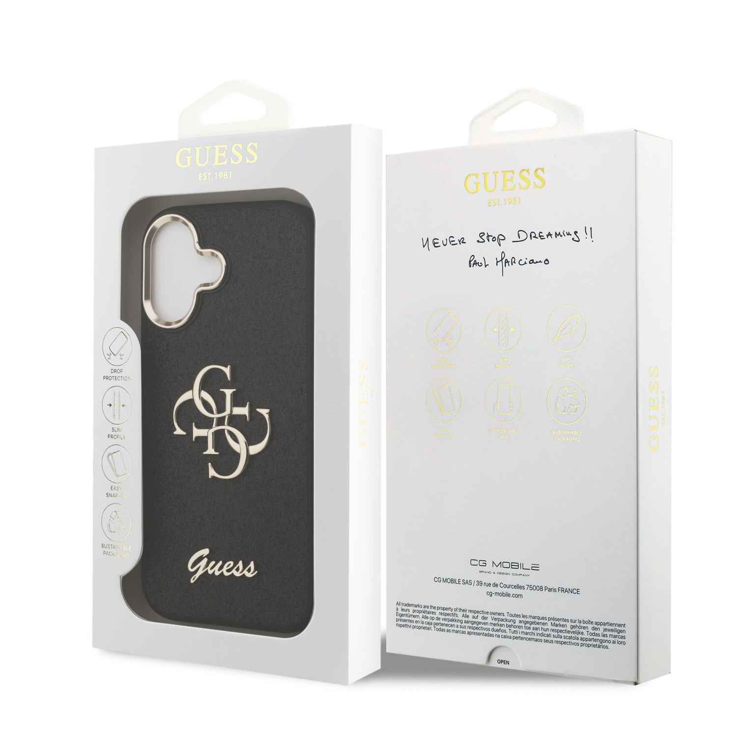 Guess PU Fixed Glitter 4G Metal Frame Zadní Kryt pro iPhone 17 Black