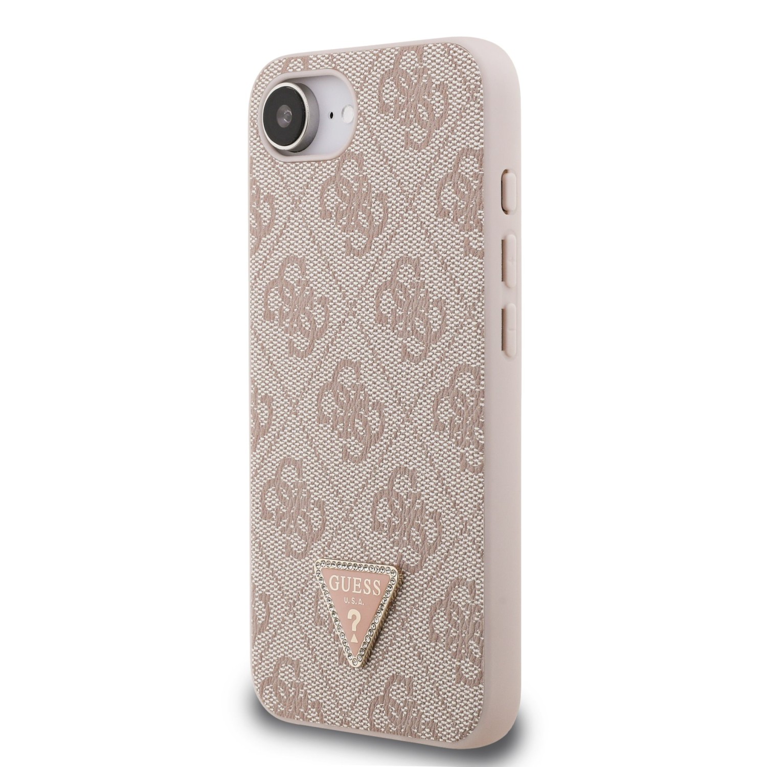Guess PU 4G Strass Triangle Metal Logo Zadní Kryt pro iPhone 16e Pink
