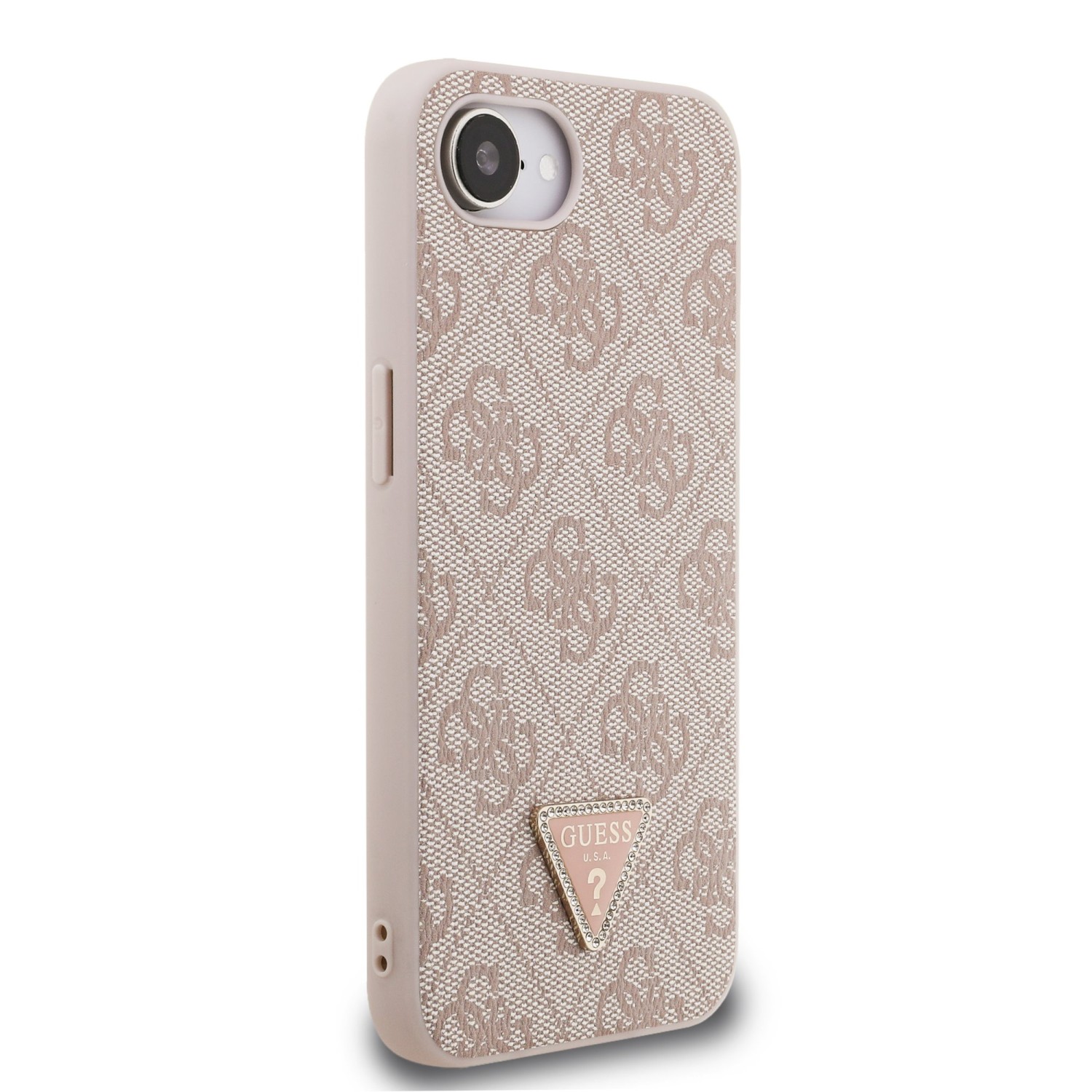 Guess PU 4G Strass Triangle Metal Logo Zadní Kryt pro iPhone 16e Pink