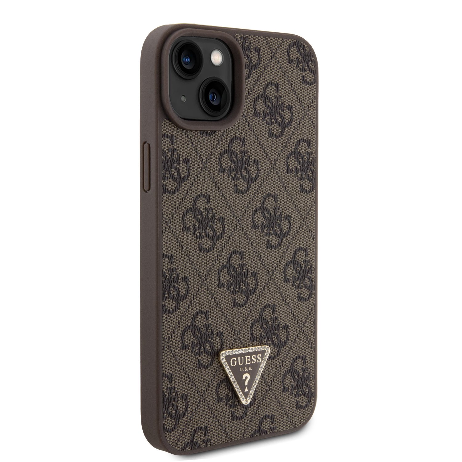Guess PU 4G Strass Triangle Metal Logo Zadní Kryt + Crossbody Popruh pro iPhone 15 Plus Brown