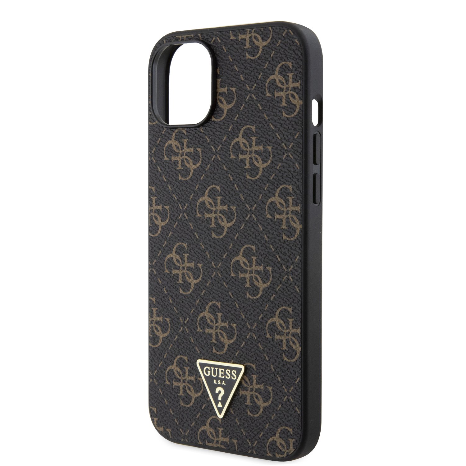 Guess PU 4G Triangle Metal Logo Zadní Kryt pro iPhone 15 Plus Black