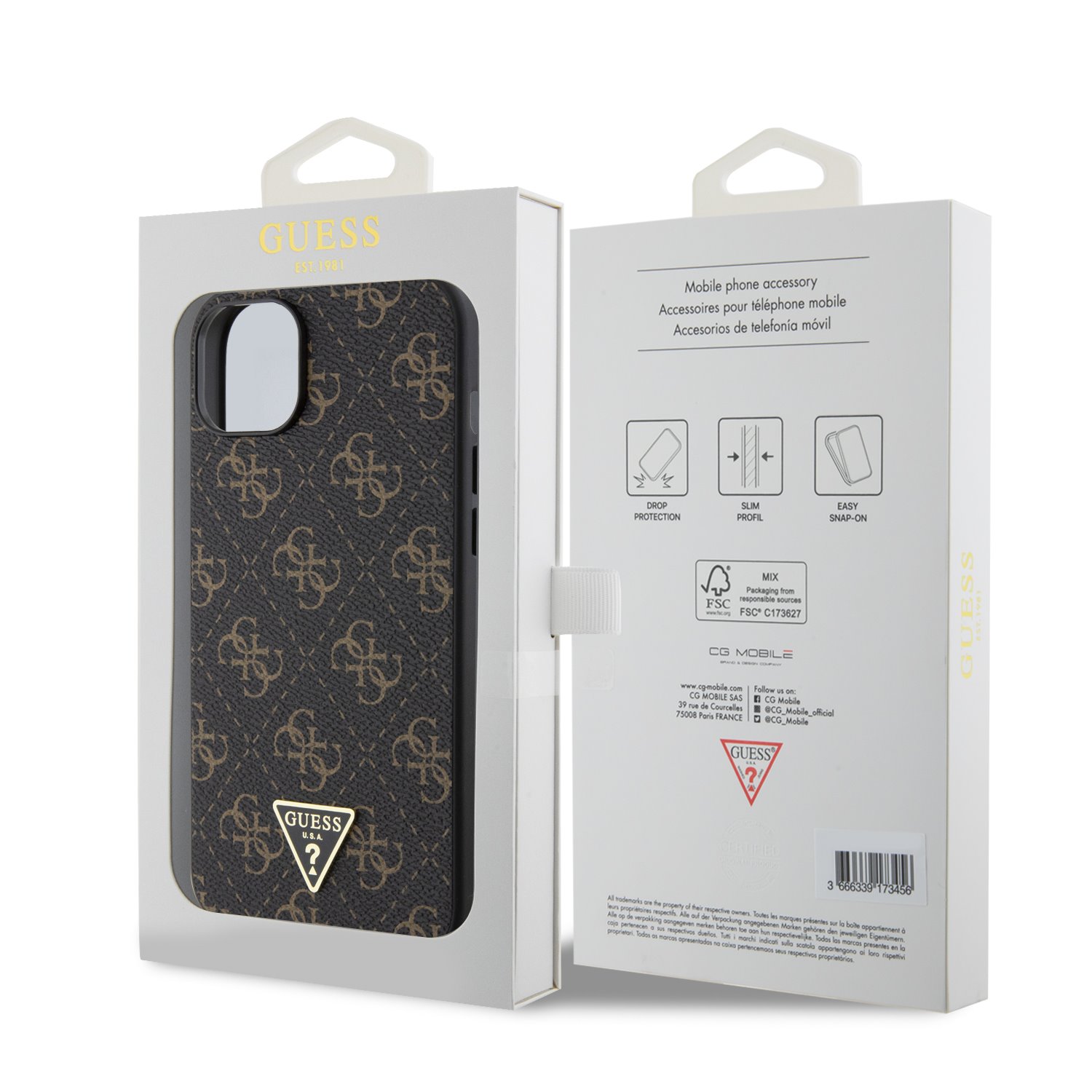 Guess PU 4G Triangle Metal Logo Zadní Kryt pro iPhone 15 Plus Black