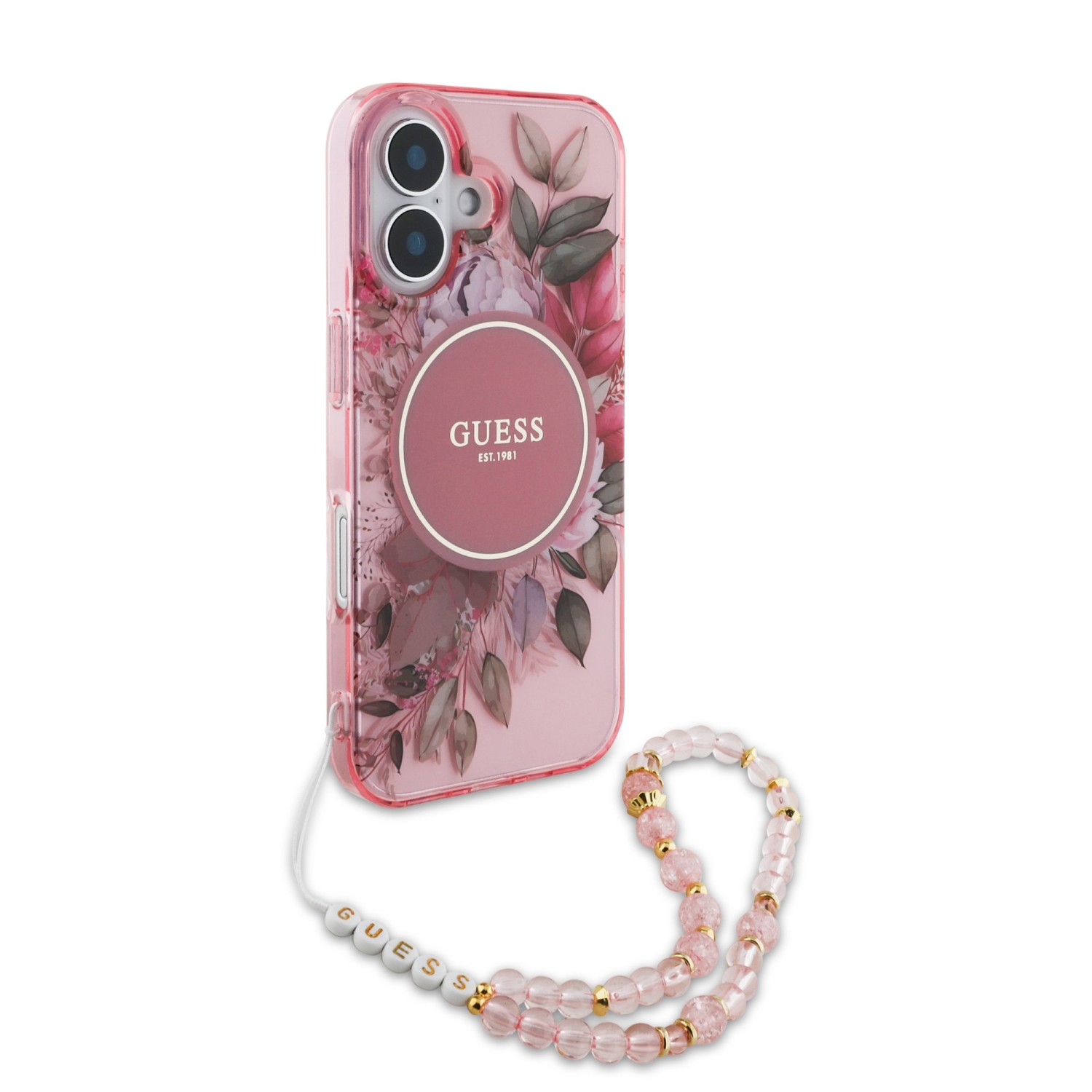 Guess IML Flowers Strap MagSafe Zadní Kryt pro iPhone 16 Plus Pink