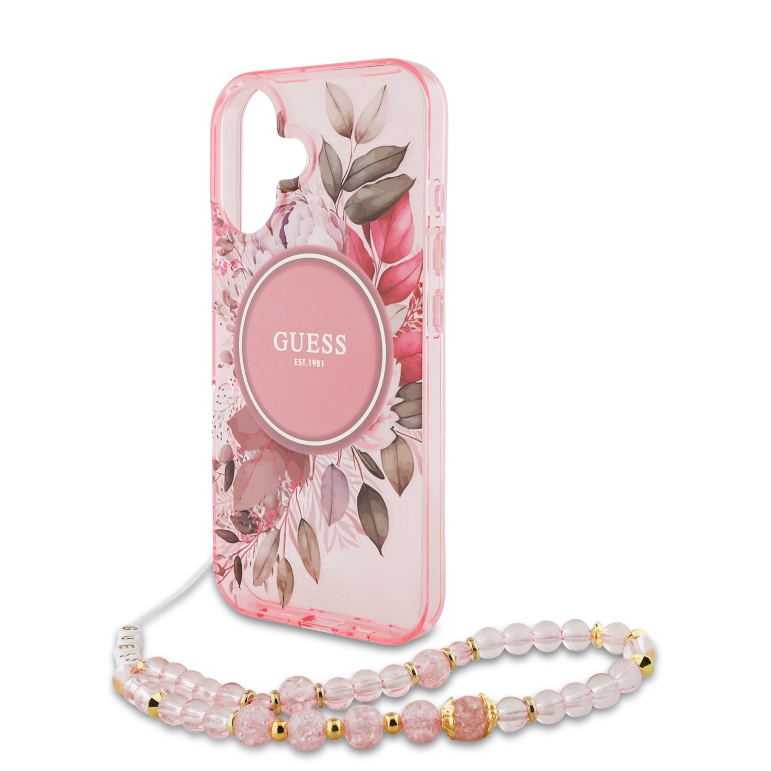 Guess IML Flowers Strap MagSafe Zadní Kryt pro iPhone 16 Plus Pink