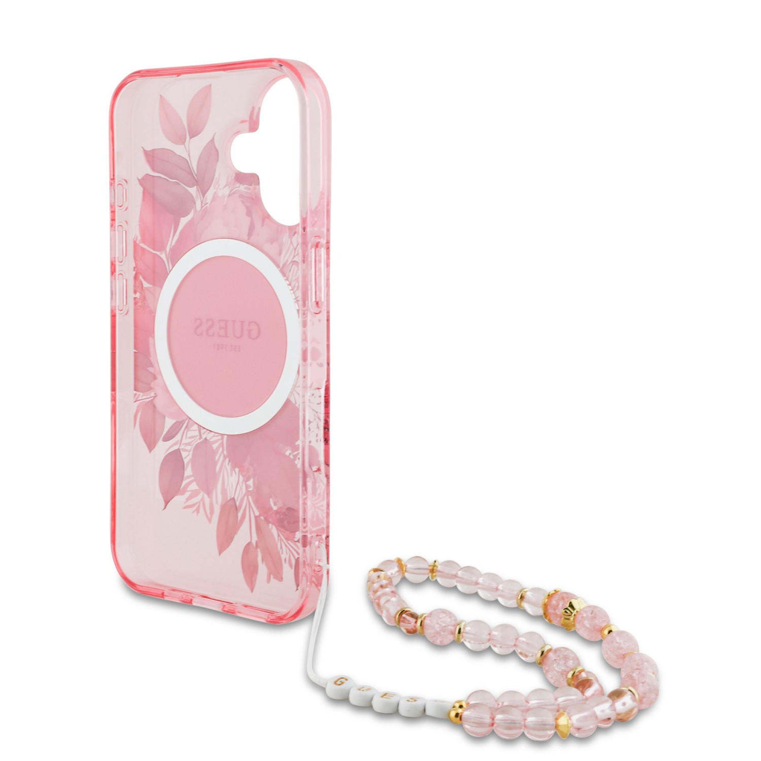 Guess IML Flowers Strap MagSafe Zadní Kryt pro iPhone 16 Plus Pink