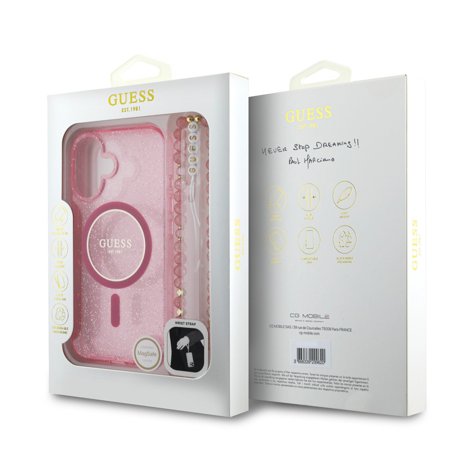 Guess IML Glitter Strap MagSafe Zadní Kryt pro iPhone 16 Plus Pink 