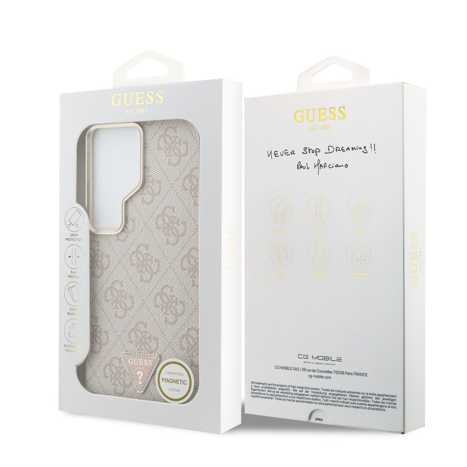 Guess PU Leather 4G Strass Triangle Logo Gold Frame Magnetic Zadní Kryt pro Samsung Galaxy S26 Ultra Pink