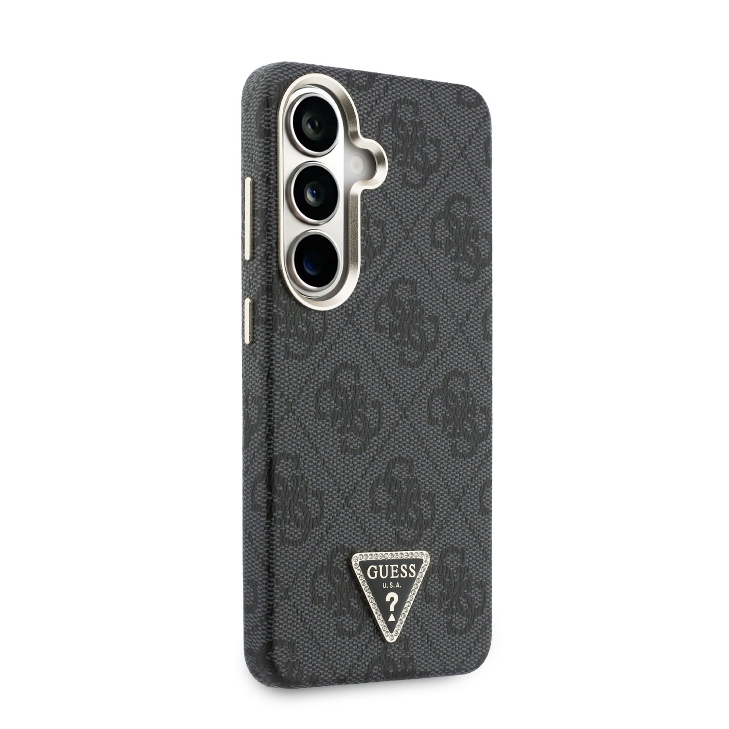 Guess PU Leather 4G Strass Triangle Logo Gold Frame Magnetic Zadní Kryt pro Samsung Galaxy S26 Black