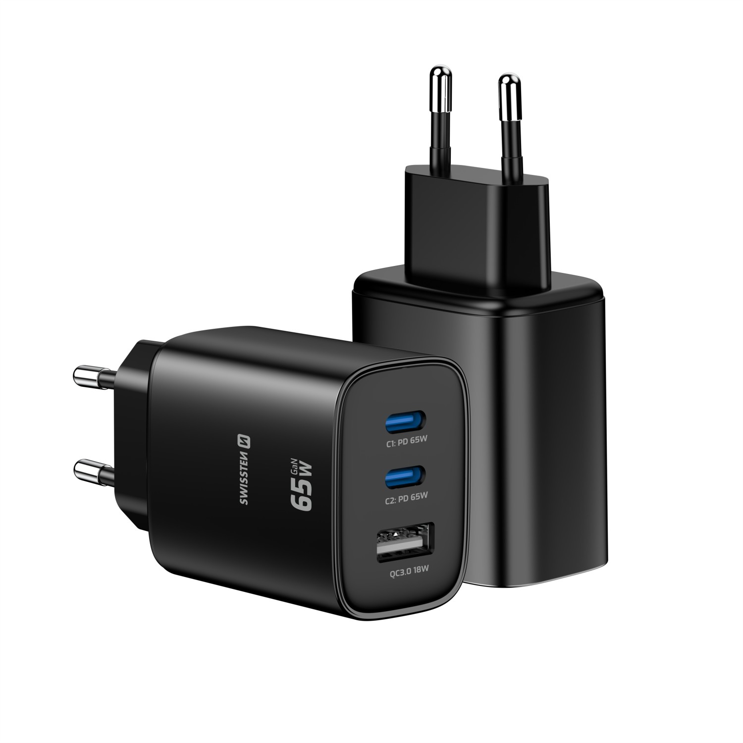 Swissten Síťový Adaptér Edge GaN 2x USB-C PD 65W + 1x USB-A 18W QC černá