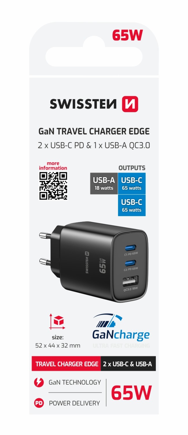 Swissten Síťový Adaptér Edge GaN 2x USB-C PD 65W + 1x USB-A 18W QC černá