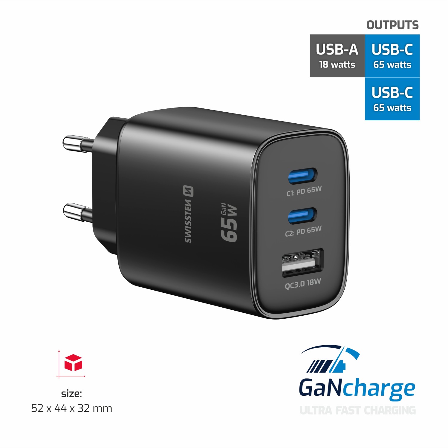 Swissten Síťový Adaptér Edge GaN 2x USB-C PD 65W + 1x USB-A 18W QC černá