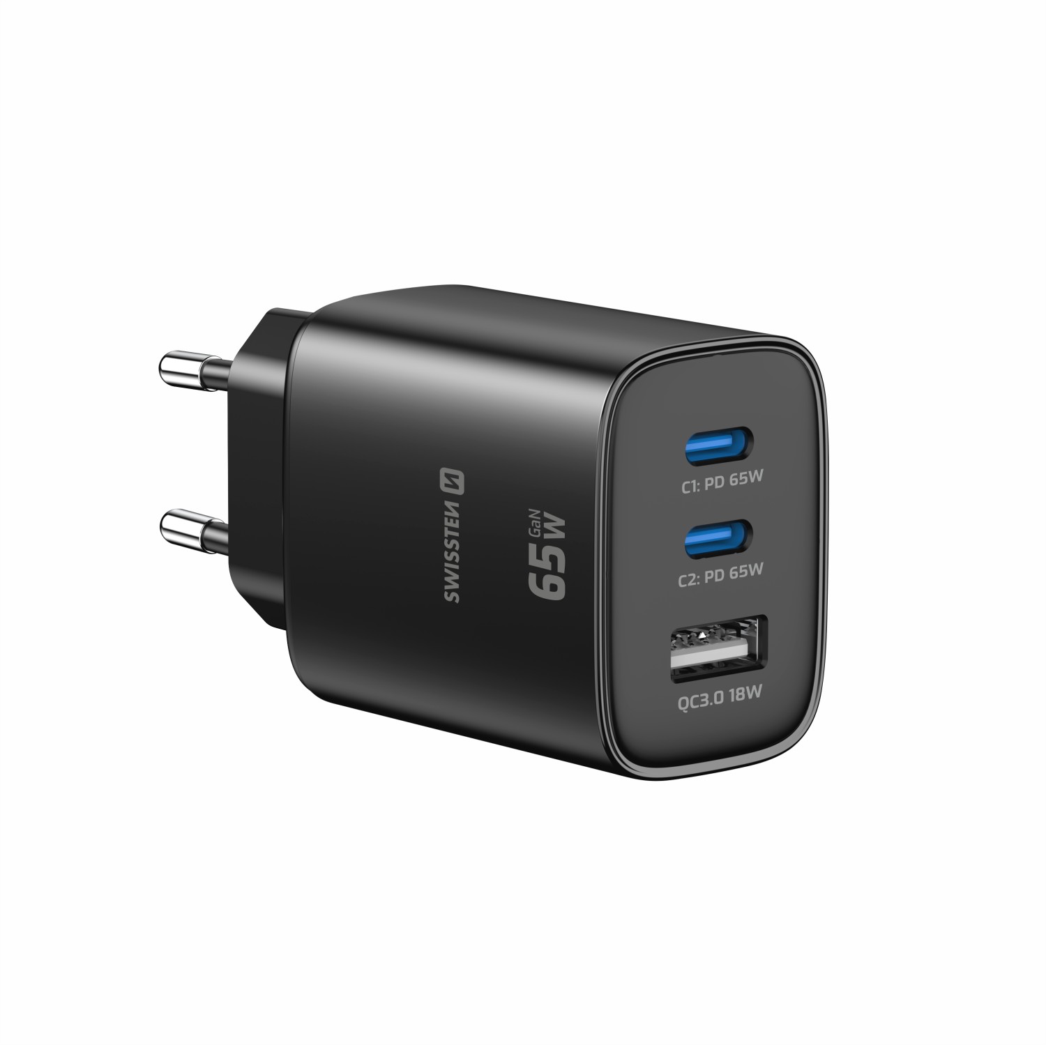 Swissten Síťový Adaptér Edge GaN 2x USB-C PD 65W + 1x USB-A 18W QC černá