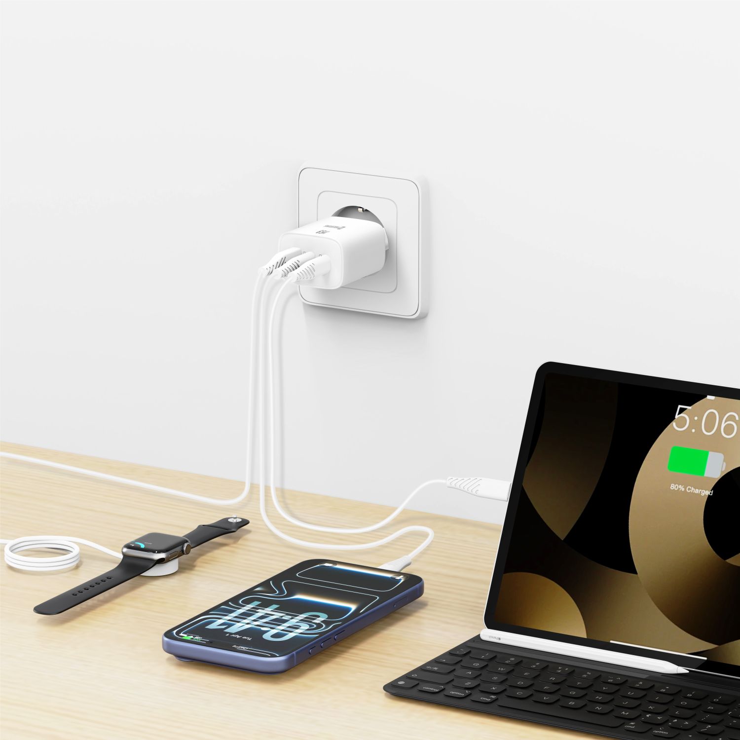 Swissten Síťový Adaptér Edge GaN 2x USB-C PD 65W + 1x USB-A 18W QC bílá