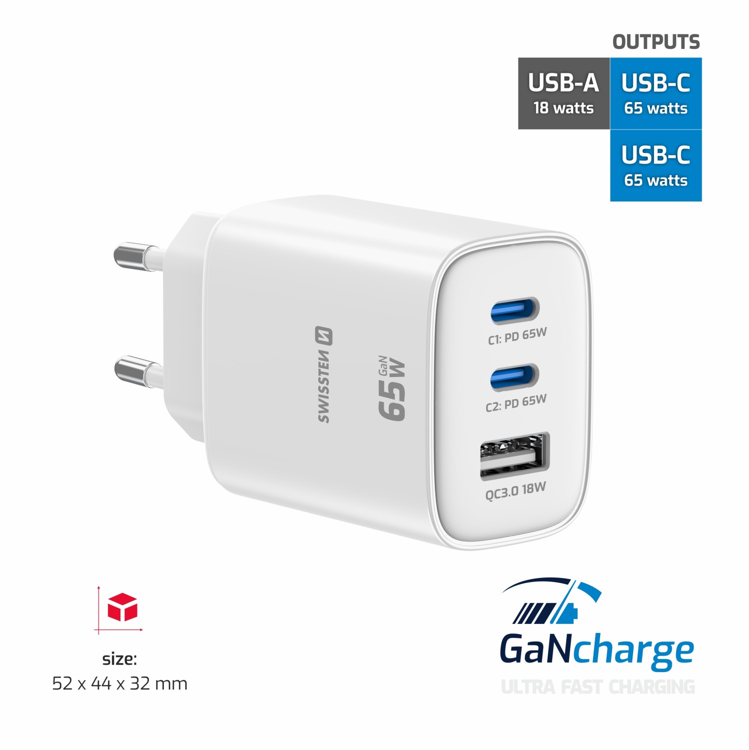 Swissten Síťový Adaptér Edge GaN 2x USB-C PD 65W + 1x USB-A 18W QC bílá