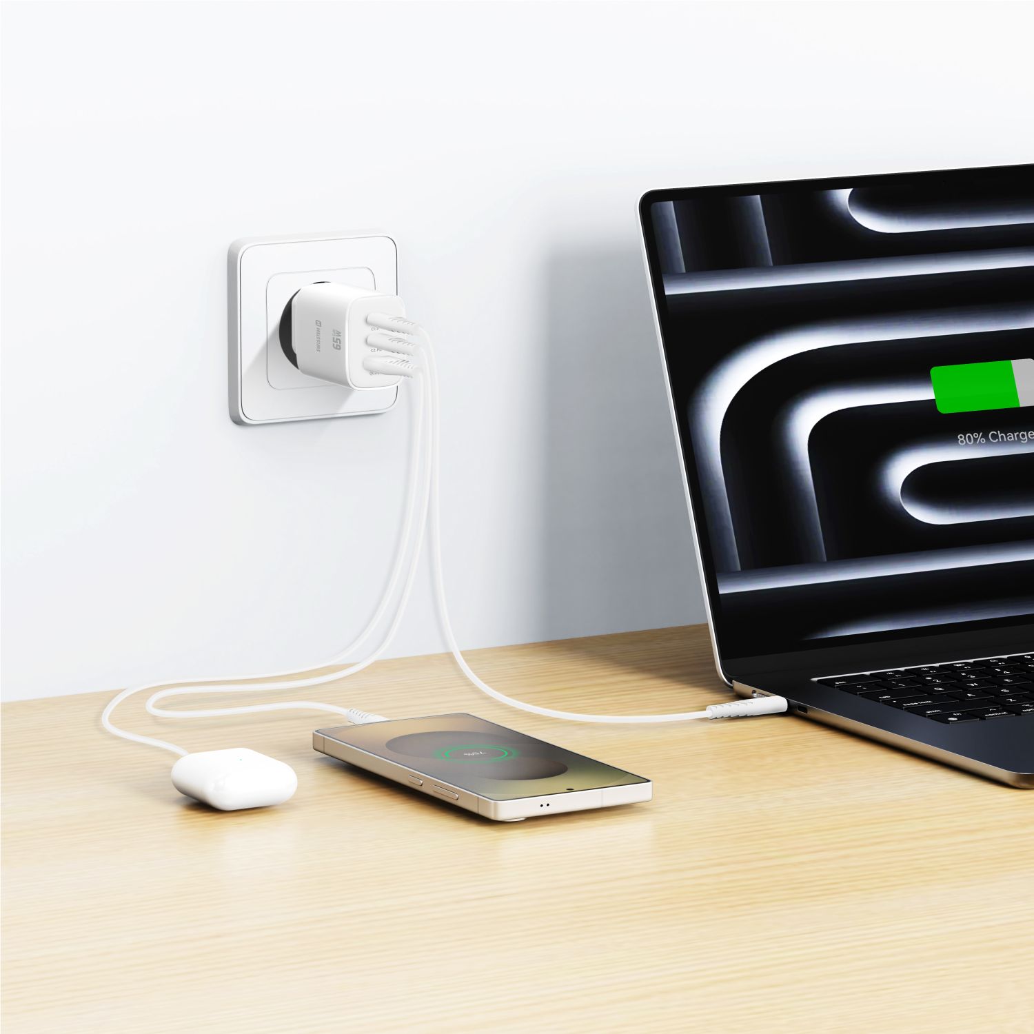 Swissten Síťový Adaptér Edge GaN 2x USB-C PD 65W + 1x USB-A 18W QC bílá