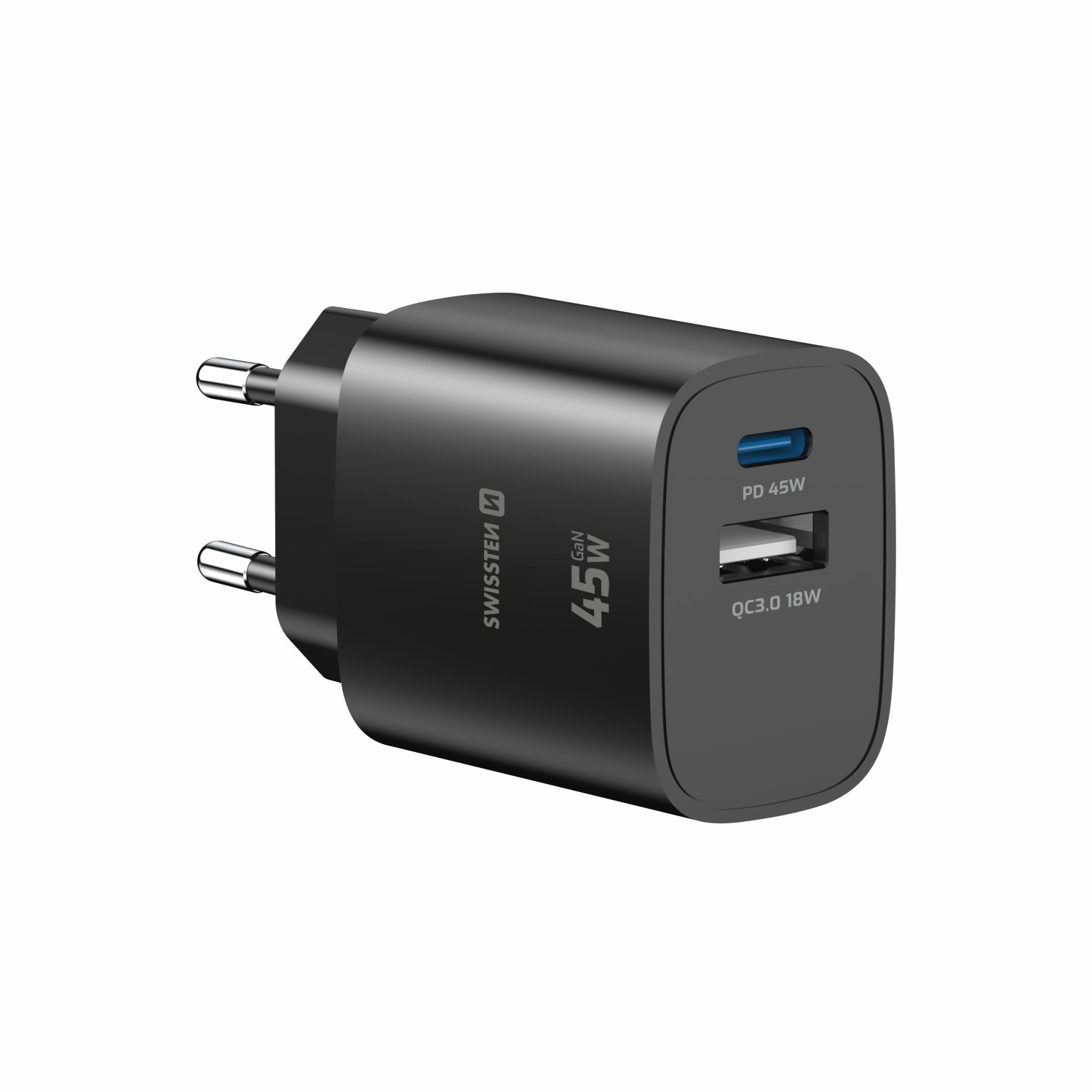 Swissten Síťový Adaptér Edge GaN 1x USB-C PD 45W + 1x USB-A 18W QC černá