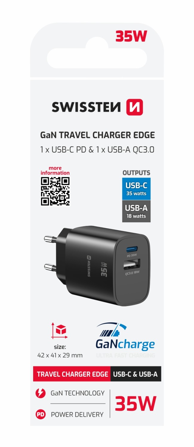 Swissten Síťový Adaptér Edge GaN 1x USB-C PD 35W + 1x USB-A 18W QC černá