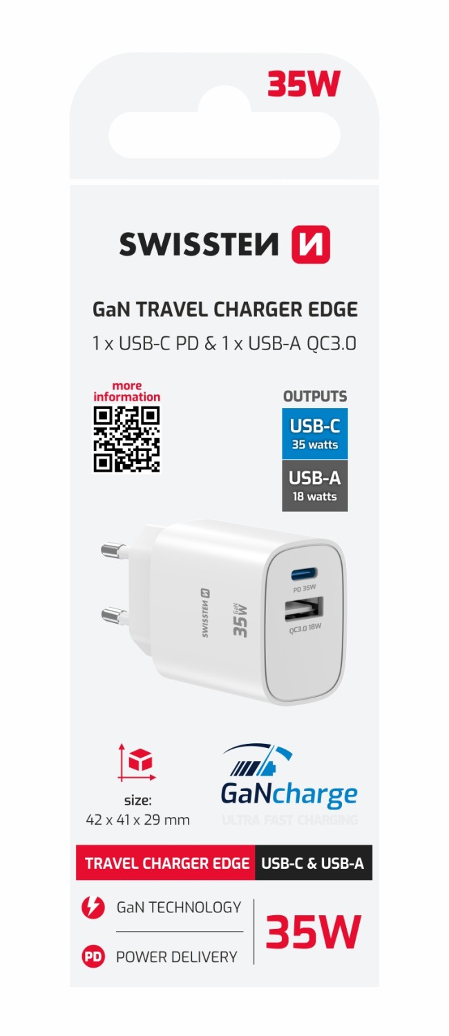 Swissten Síťový Adaptér Edge GaN 1x USB-C PD 35W + 1x USB-A 18W QC bílá