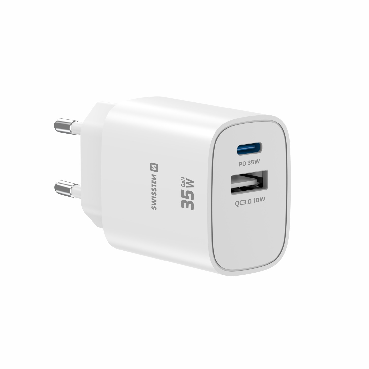 Swissten Síťový Adaptér Edge GaN 1x USB-C PD 35W + 1x USB-A 18W QC bílá