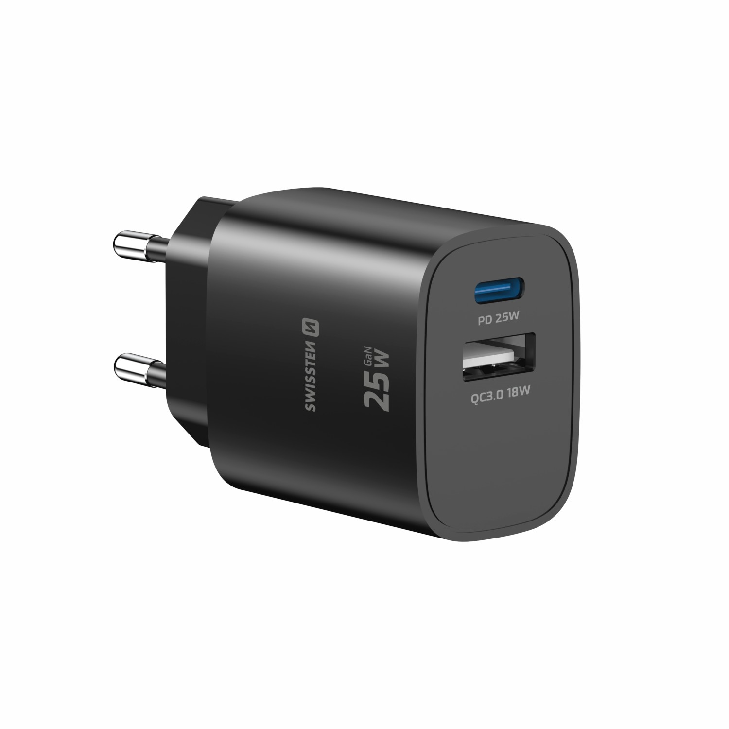Swissten Síťový Adaptér Edge GaN 1x USB-C PD 25W + 1x USB-A 18W QC černá
