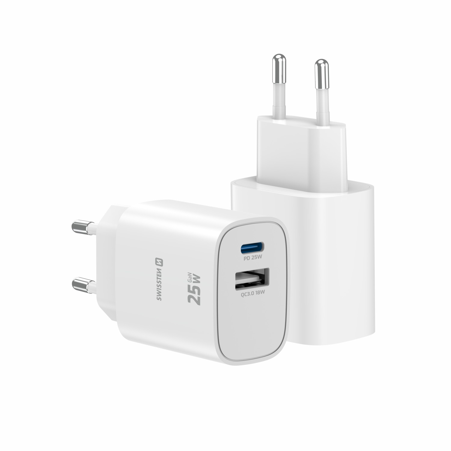 Swissten Síťový Adaptér Edge GaN 1x USB-C PD 25W + 1x USB-A 18W QC bílá