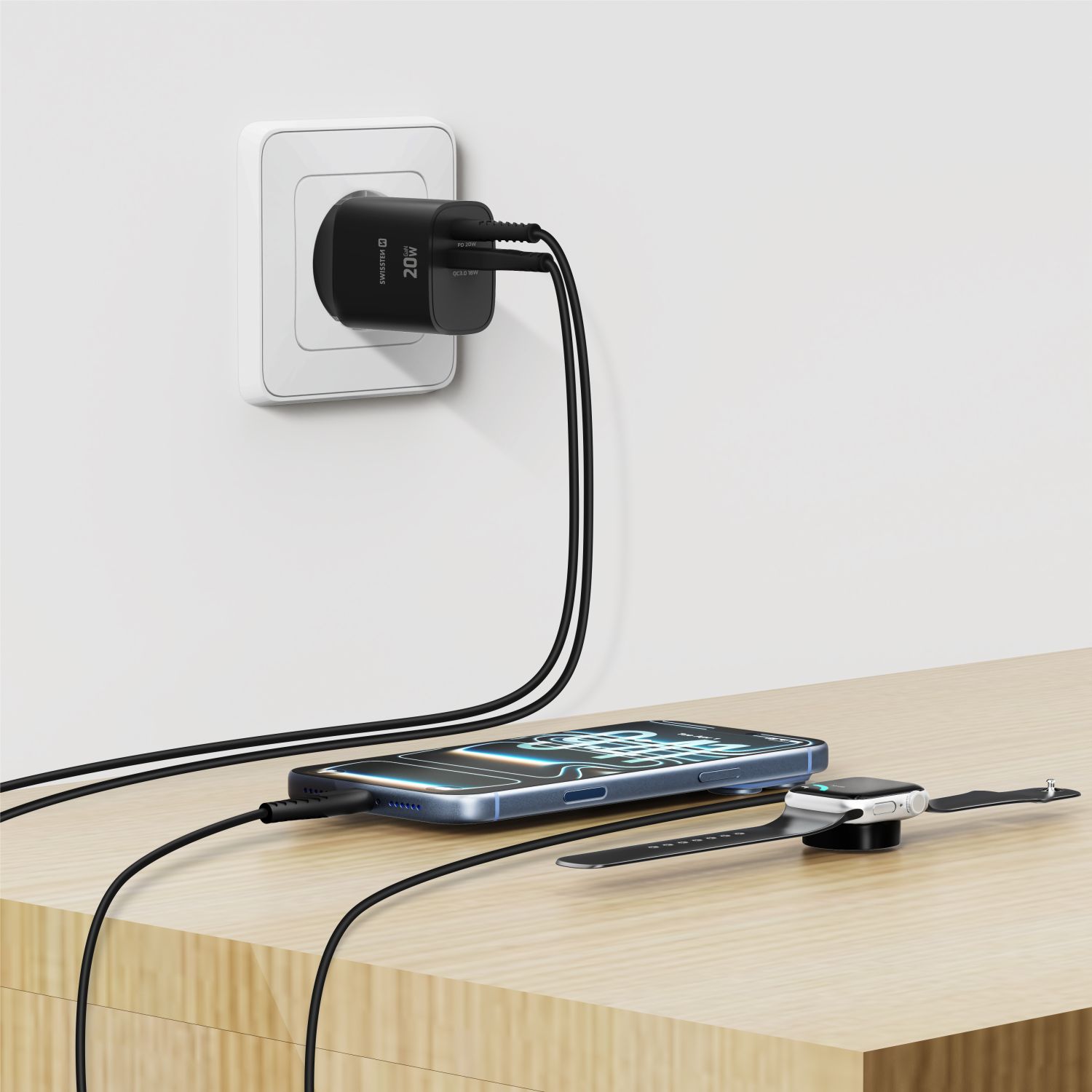 Swissten Síťový Adaptér Edge GaN 1x USB-C PD 20W + 1x USB-A 18W QC černá