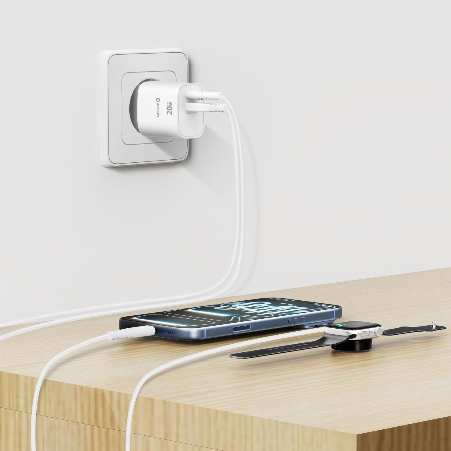 Swissten Síťový Adaptér Edge GaN 1x USB-C PD 20W + 1x USB-A 18W QC bílá