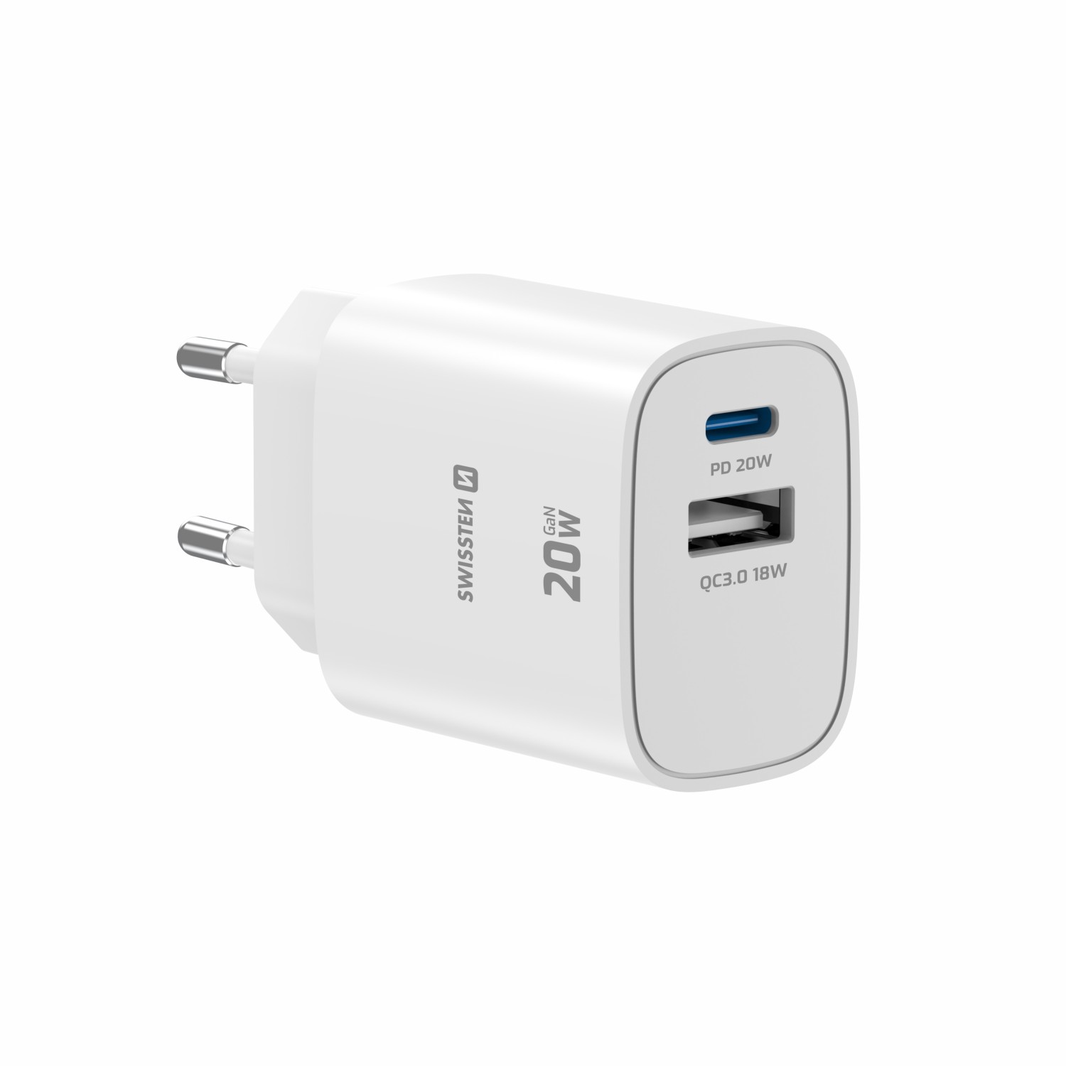 Swissten Síťový Adaptér Edge GaN 1x USB-C PD 20W + 1x USB-A 18W QC bílá