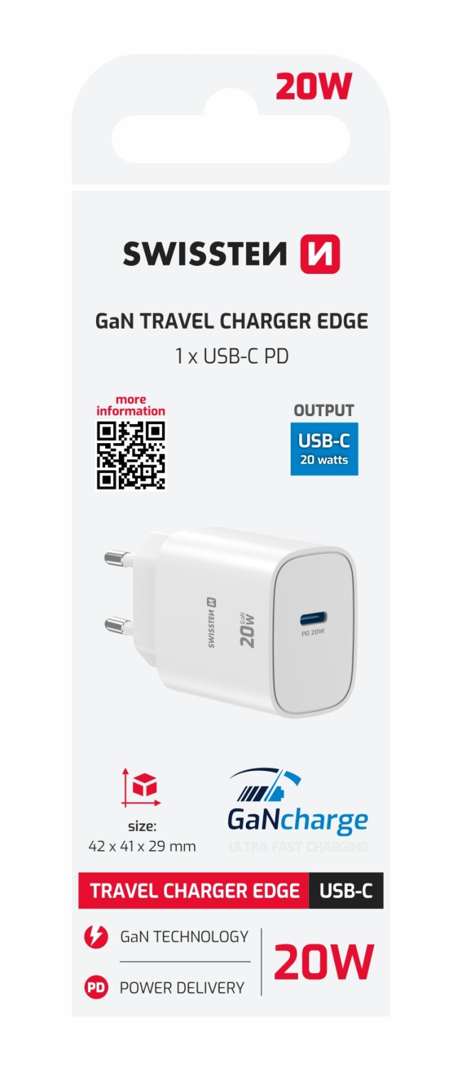 Swissten Síťový Adaptér Edge GaN 1x USB-C PD 20W bílá