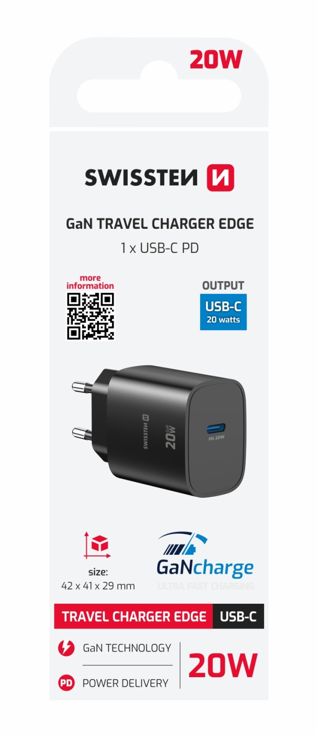 Swissten Síťový Adaptér Edge GaN 1x USB-C PD 20W černá