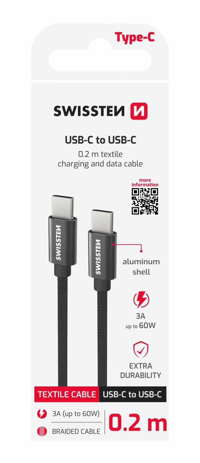 Datový Kabel Swissten Textile USB-C / USB-C 0.2 M černá