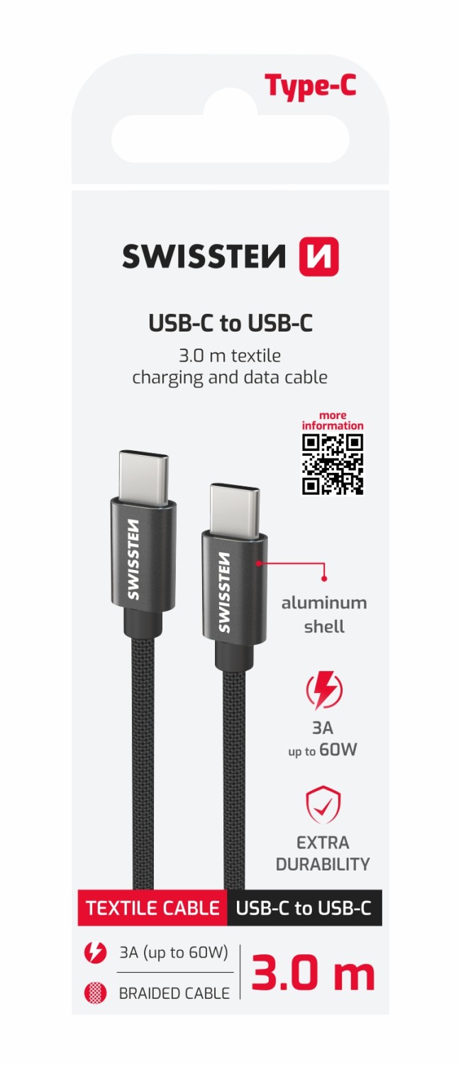 Datový Kabel Swissten Textile USB-C / USB-C 3.0 M černá