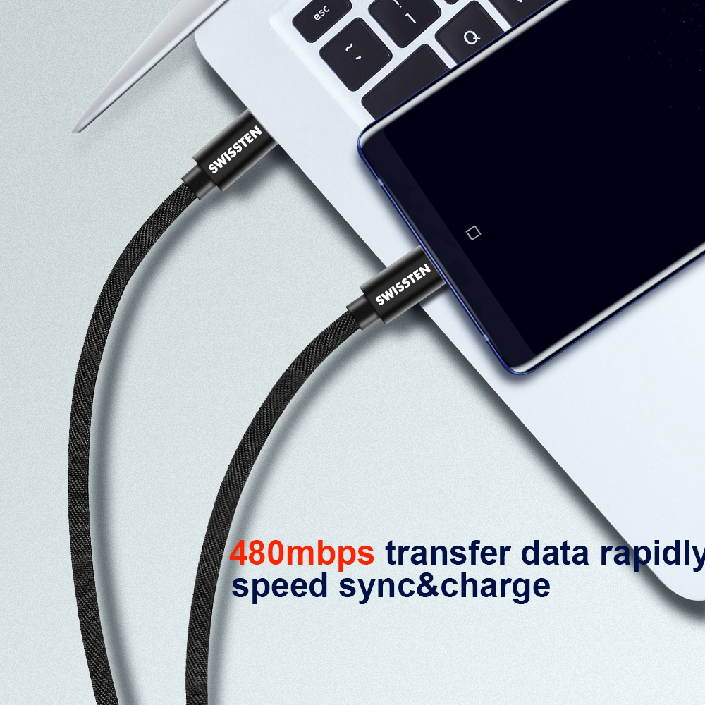 Datový Kabel Swissten Textile USB-C / USB-C 3.0 M stříbrná