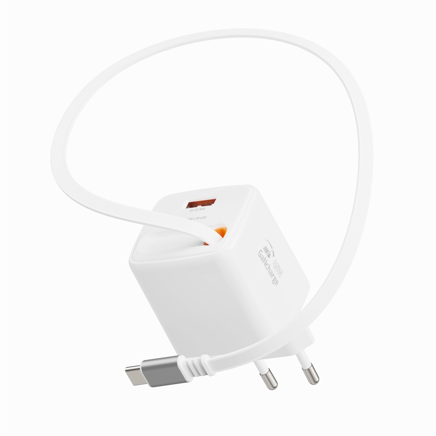 Swissten Adaptér SlideCHARGE GaN 45W, 1x USB-A 18W se zatahovacím USB-C kabelem 0.75 M bílá