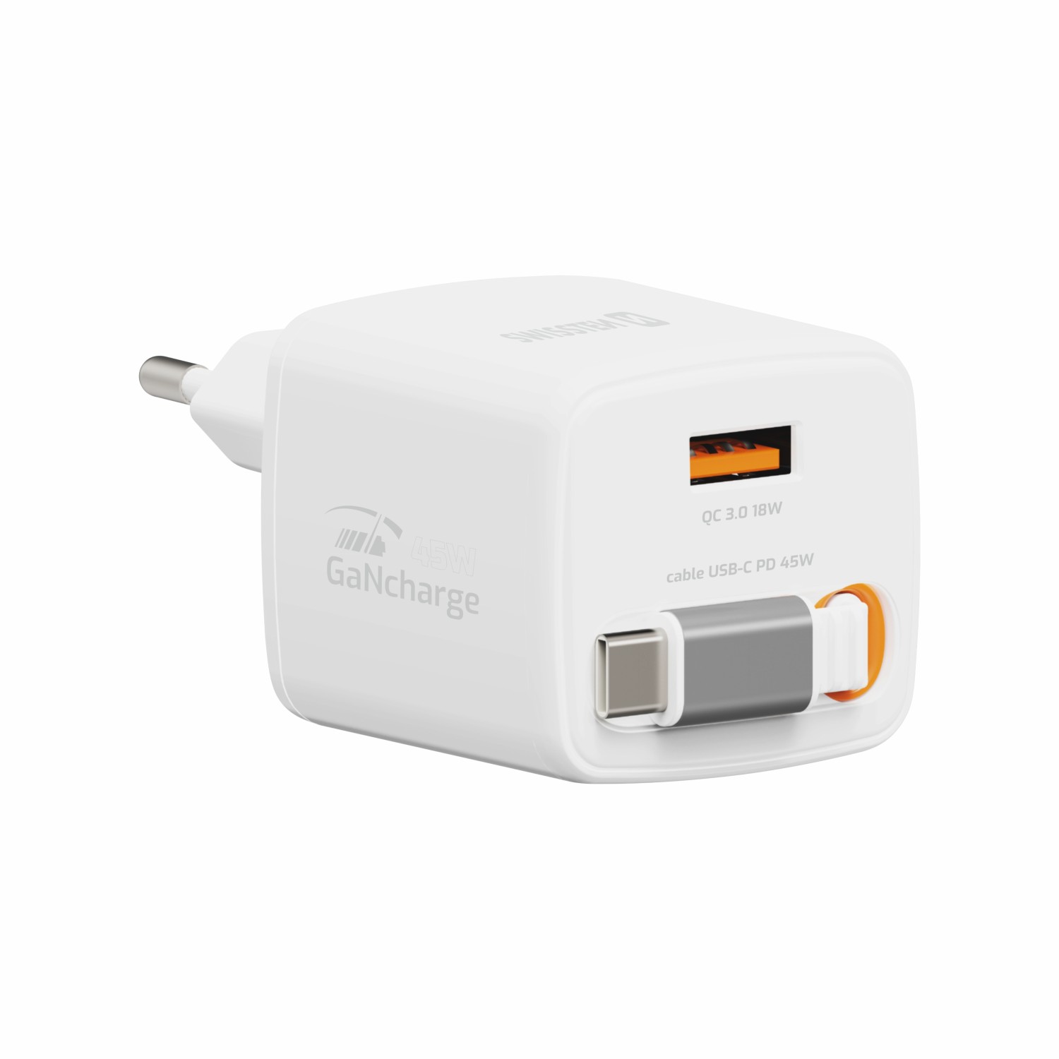 Swissten Adaptér SlideCHARGE GaN 45W, 1x USB-A 18W se zatahovacím USB-C kabelem 0.75 M bílá
