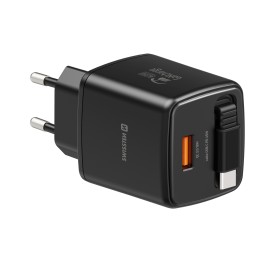 Swissten Adaptér SlideCHARGE GaN 45W, 1x USB-A 18W se zatahovacím USB-C kabelem 0.75 M černá