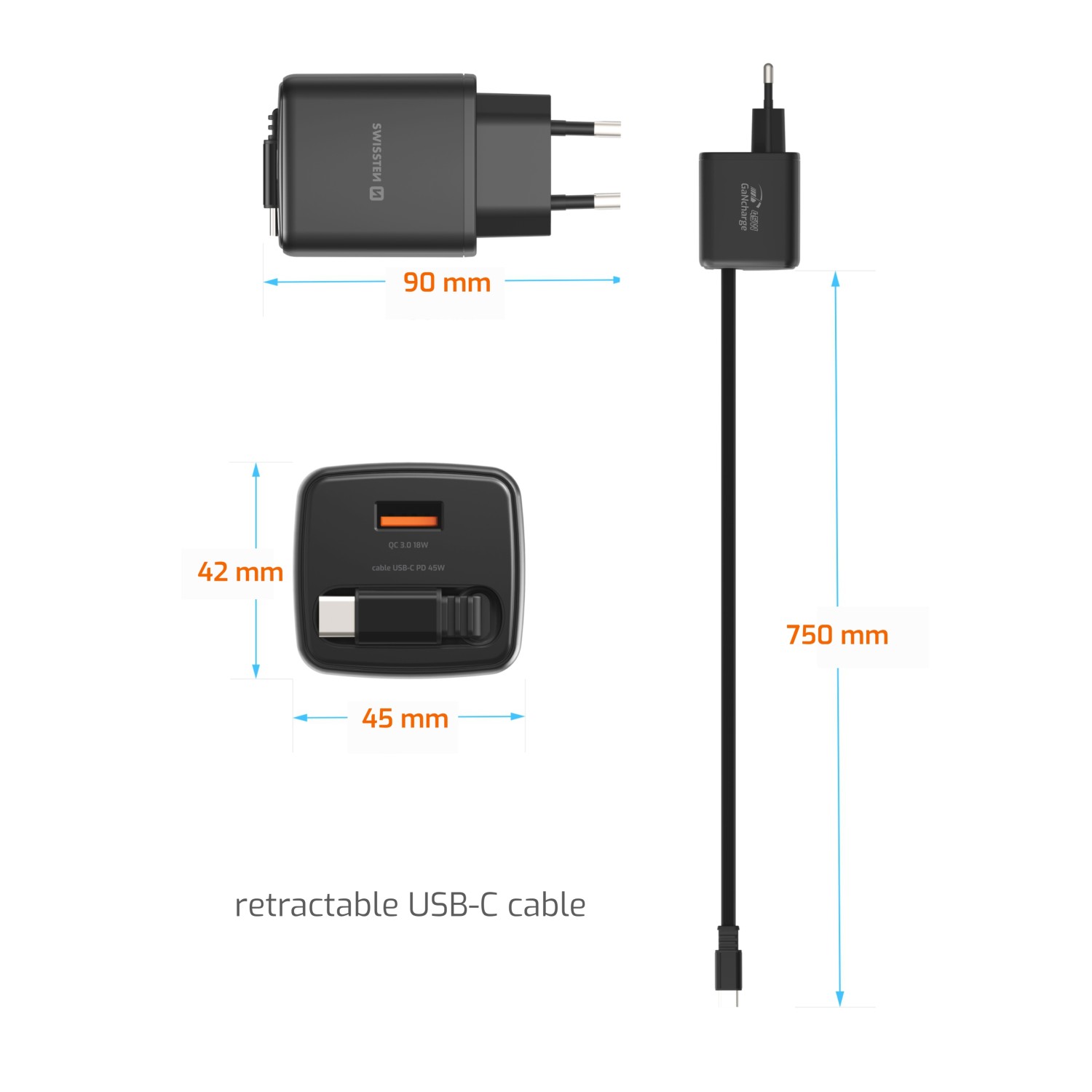 Swissten Adaptér SlideCHARGE GaN 45W, 1x USB-A 18W se zatahovacím USB-C kabelem 0.75 M černá