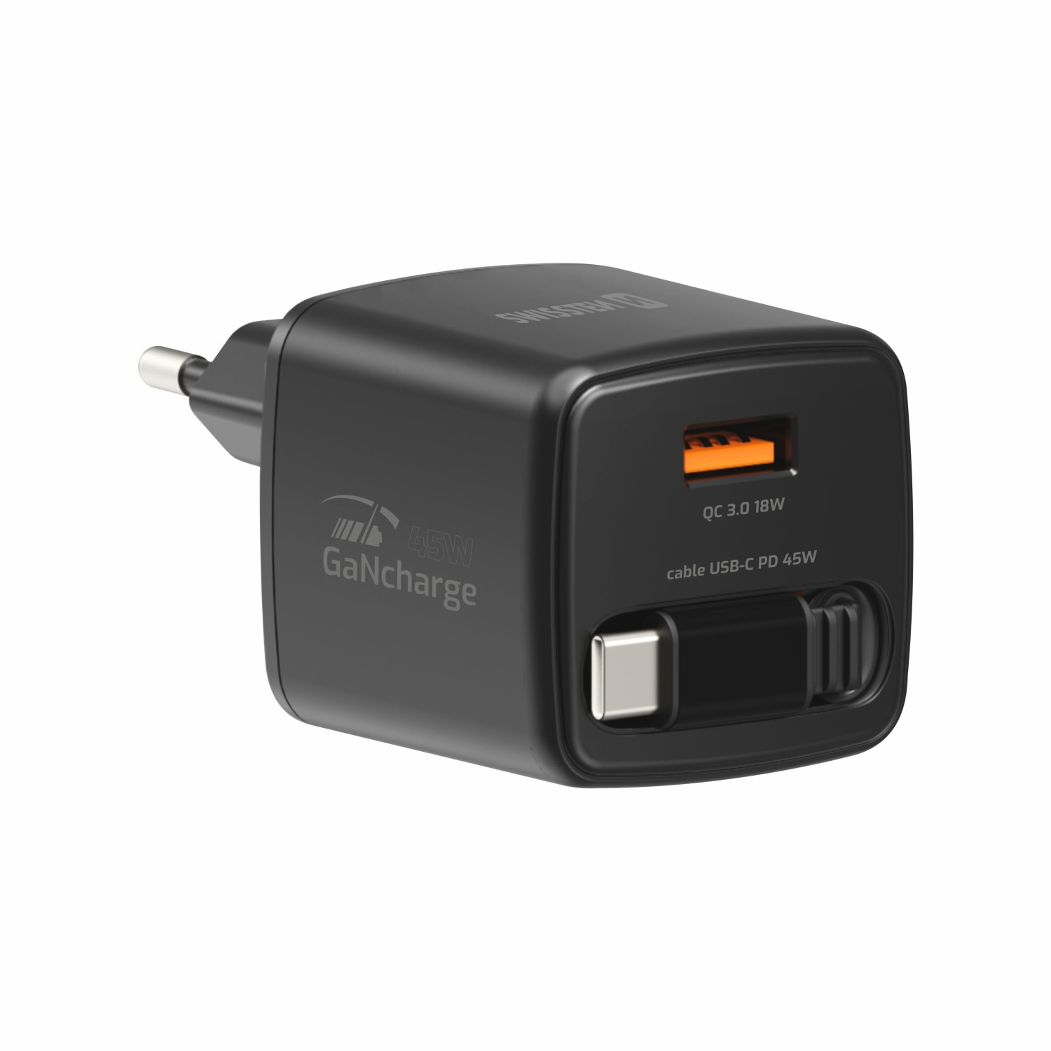 Swissten Adaptér SlideCHARGE GaN 45W, 1x USB-A 18W se zatahovacím USB-C kabelem 0.75 M černá